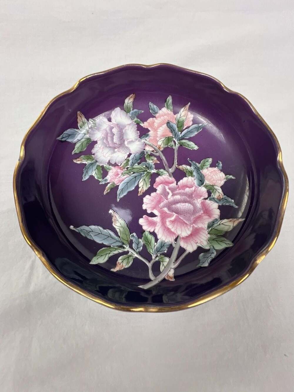 United Pacific Hand Painted Purple Ceramic Decorative Bowl with Peony